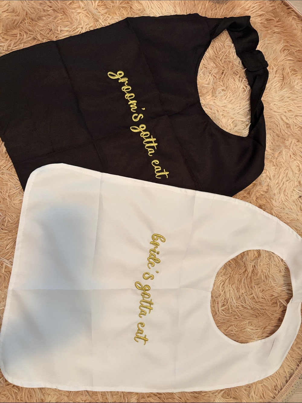 Bridal and Groom Embroidered Bib Set - Gold, Black & White